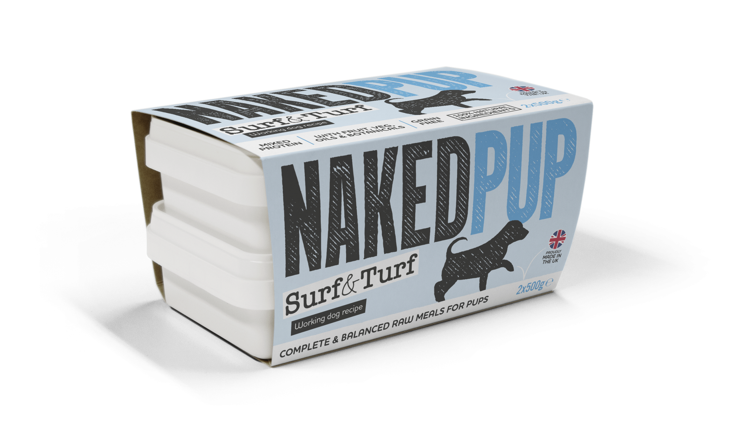NAKEDPUP Puppy Working Dog Surf and Turf 2x500g, side of pack