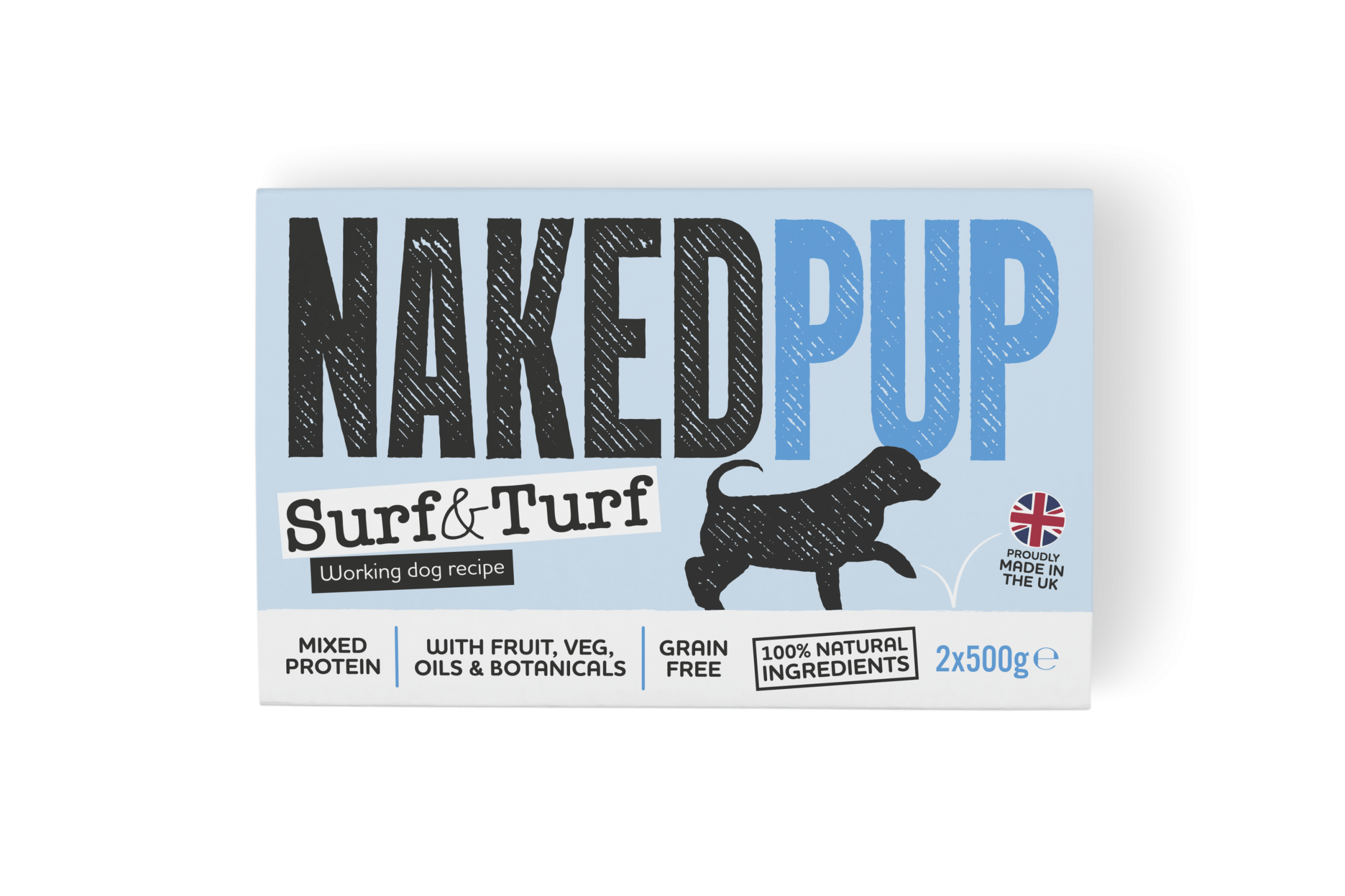 NAKEDPUP Puppy Working Dog Surf and Turf 2x500g, tub with lid off