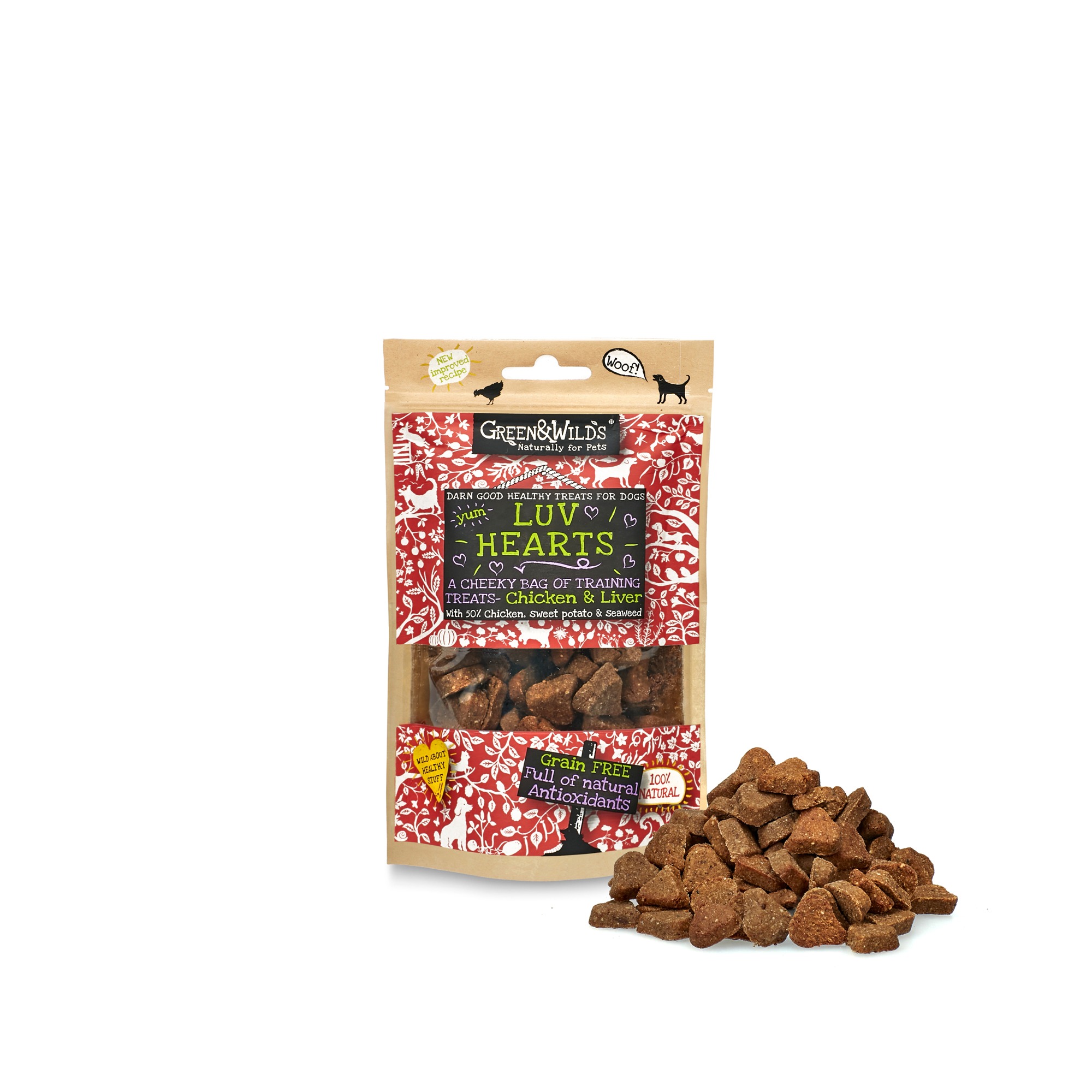 Green & Wilds heart-shaped Luv Hearts treats shown beside the pack