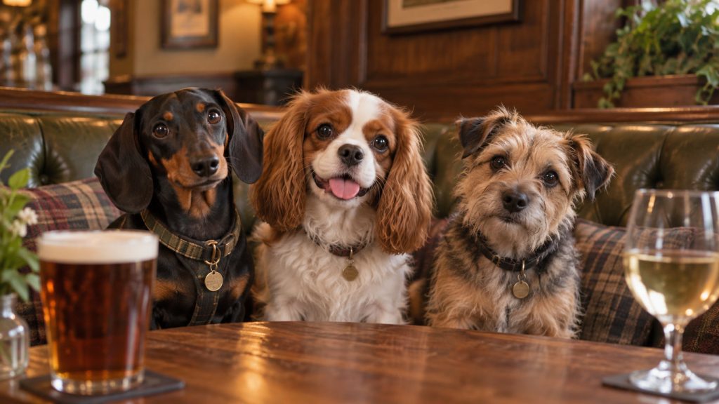 Three dogs sitting on a pub sofa behind a table with a pint and a glass of wine