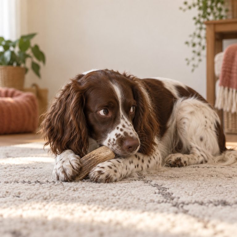Springer spaniel lying on a rug holding a chew between its paws