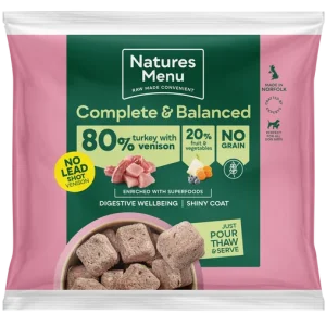 Front of the Natures Menu 80/20 Turkey with Venison Nuggets 1kg pack