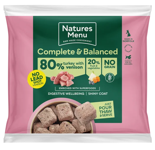 Front of the Natures Menu 80/20 Turkey with Venison Nuggets 1kg pack