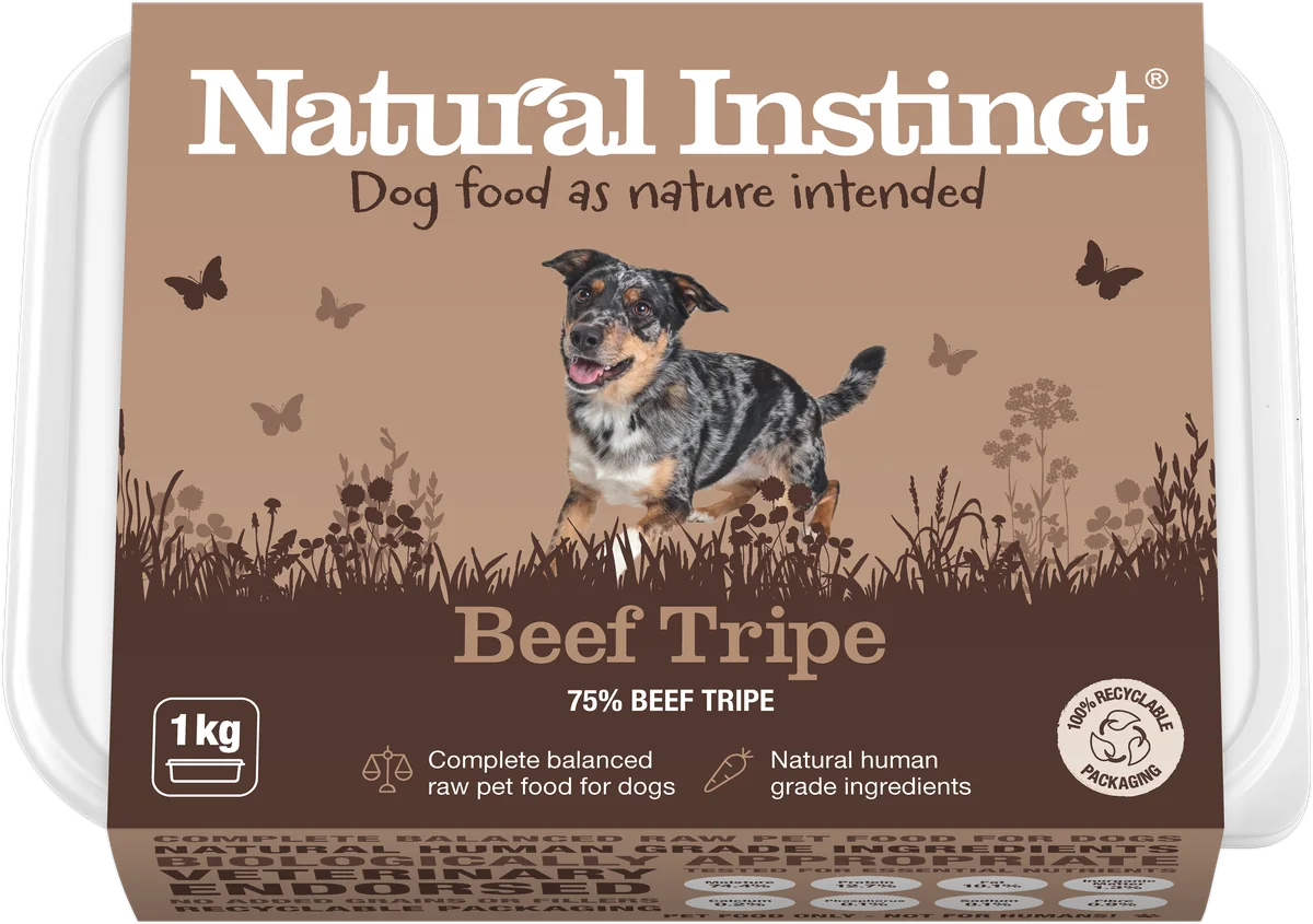 Natural Instinct Natural Beef Tripe 1kg tub, angled view