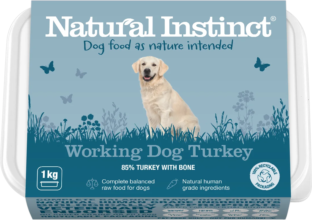Natural Instinct Working Dog Turkey 1kg tub, angled view